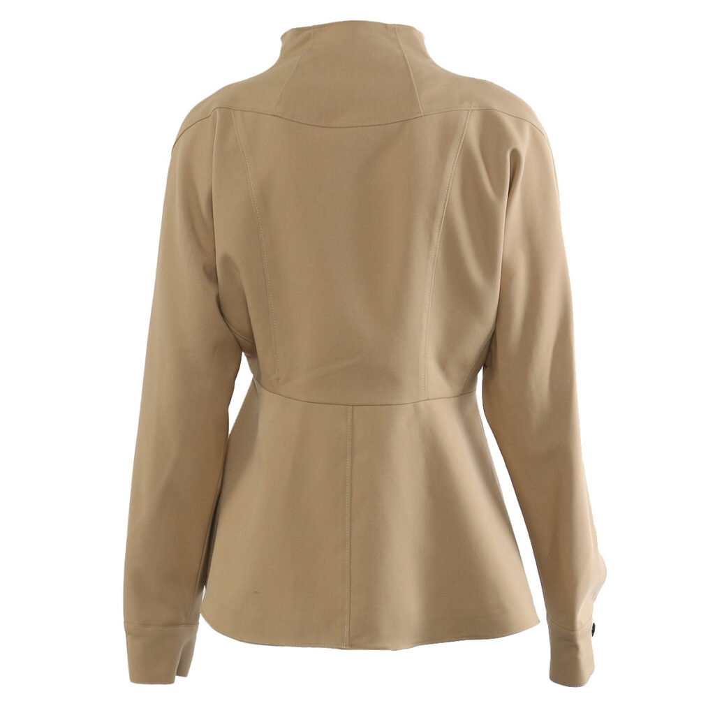 Back view of a tan women's jacket.