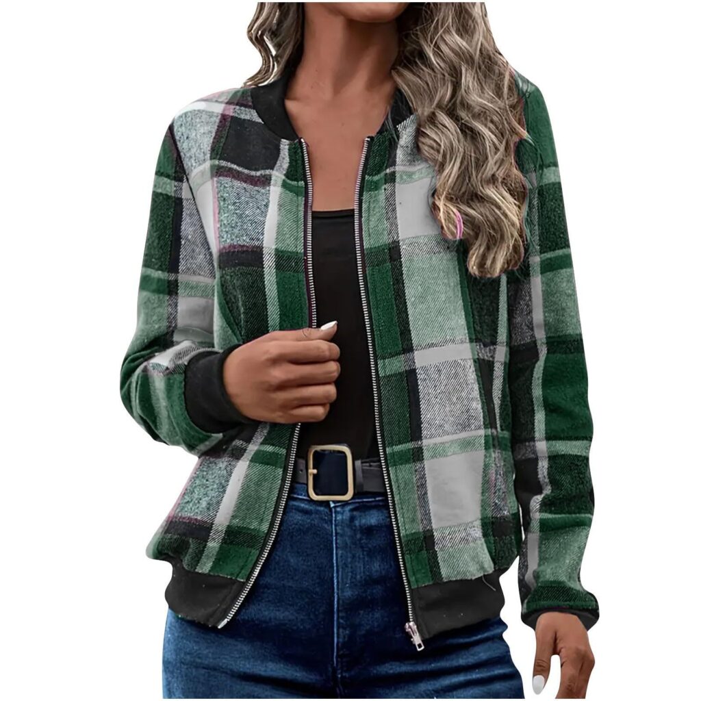 Woman wearing green plaid zip-up jacket.