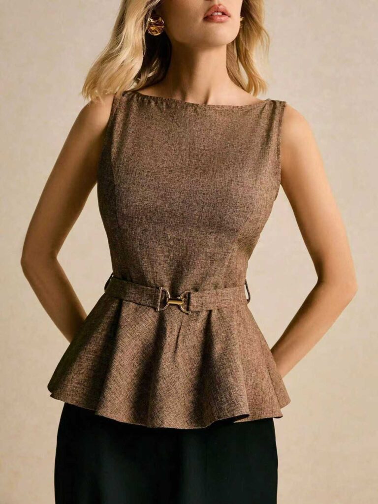 Woman wearing a brown peplum top.