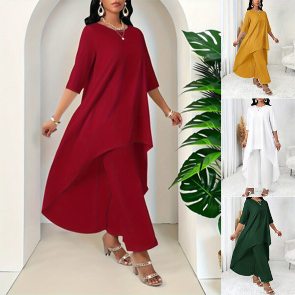 Woman modeling four colorful asymmetrical outfits.
