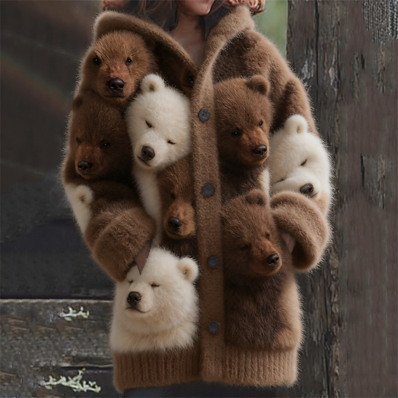 Coat with realistic bear cub designs.