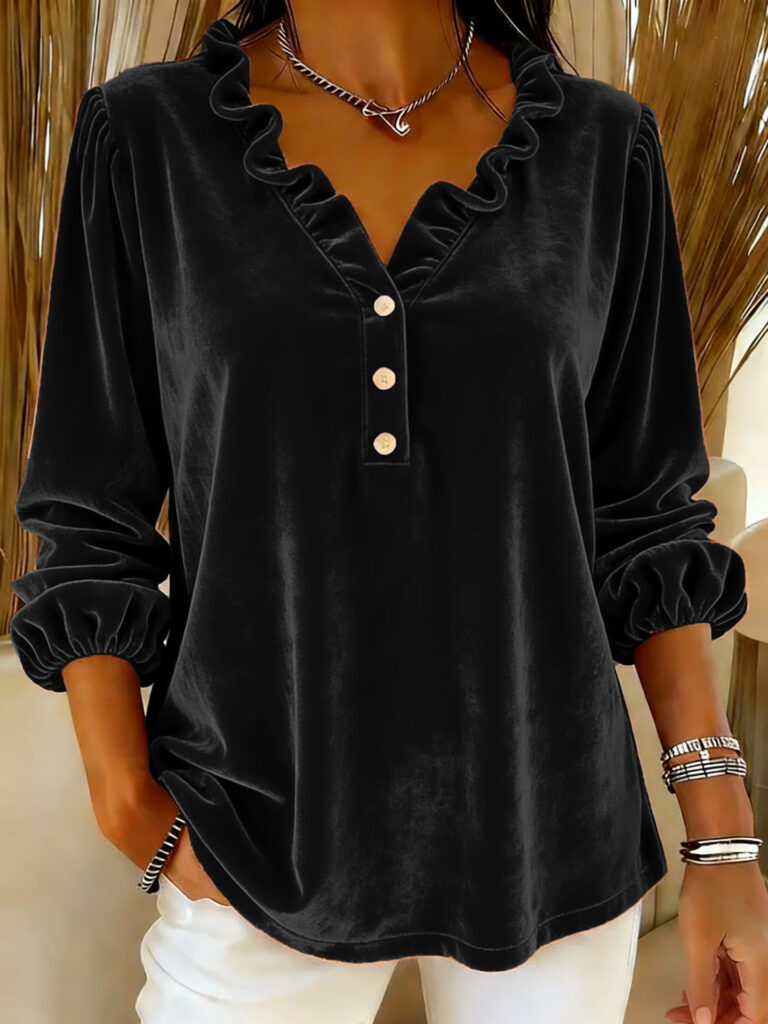 Fashionable Casual Commuter Womens Long-Sleeve Top With A V-Neck And Buttons