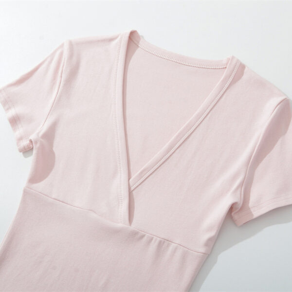 Light pink V-neck T-shirt on display.