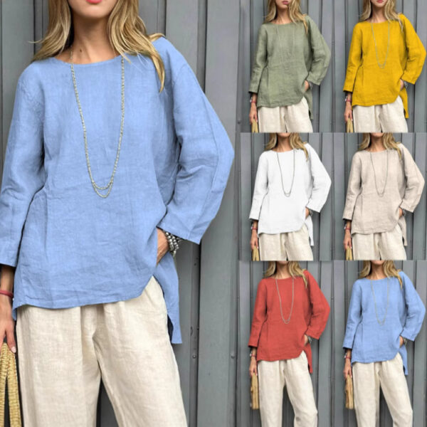 Woman modeling colorful linen tops variety.