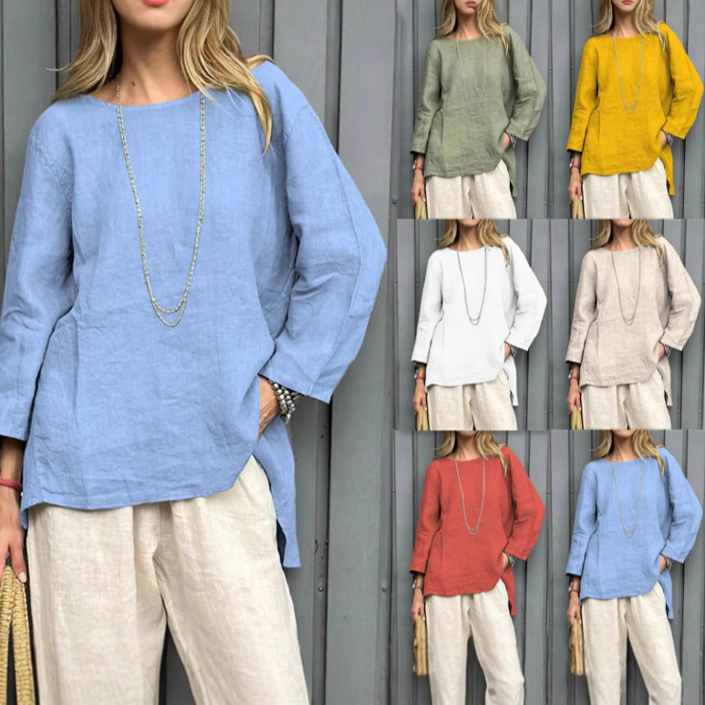 Woman modeling colorful linen tops variety.
