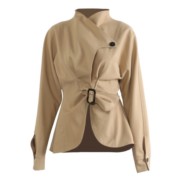 Beige asymmetrical jacket with buckle detail.