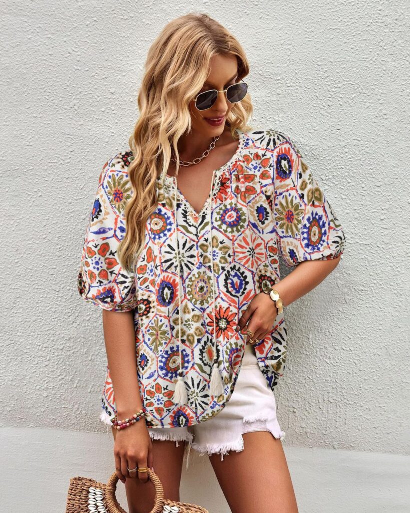 Bohemian Casual V-neck Short-sleeve Printed Blouse
