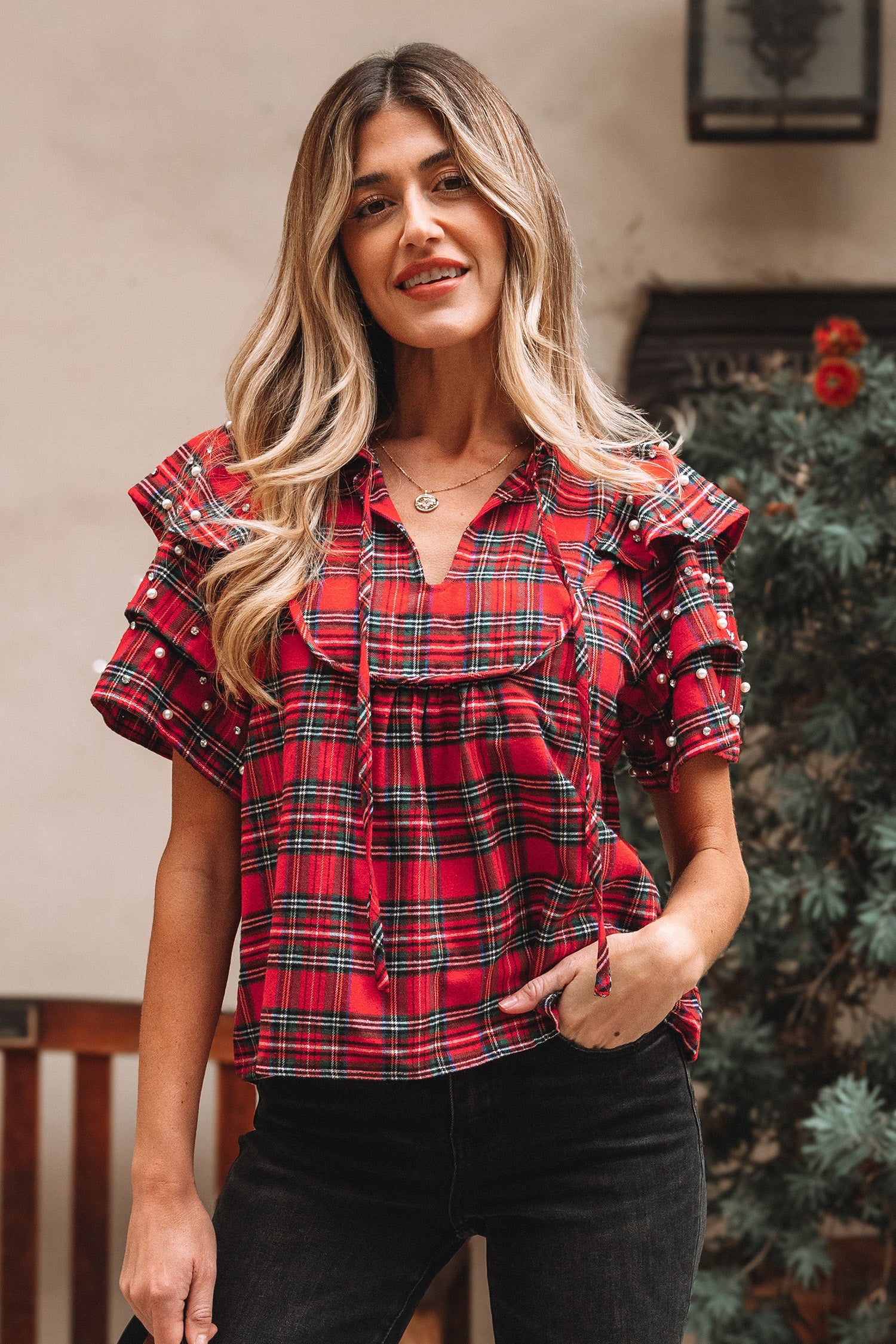 Christmas Plaid Pearl Embellished Ruffle Sleeve Blouse - Image 10