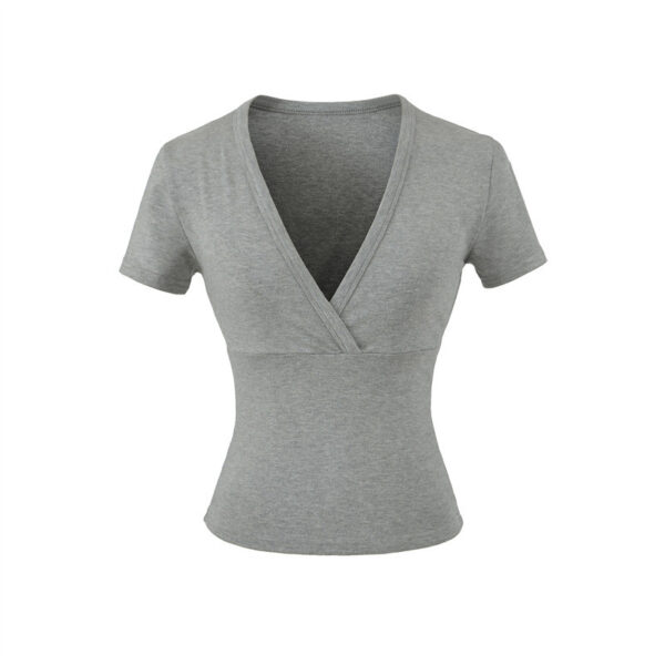 Gray V-neck short-sleeve women's top.
