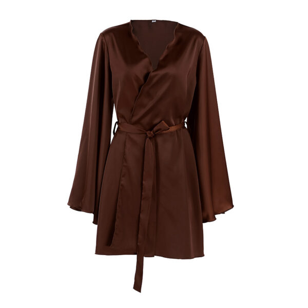 Brown satin robe with long sleeves.