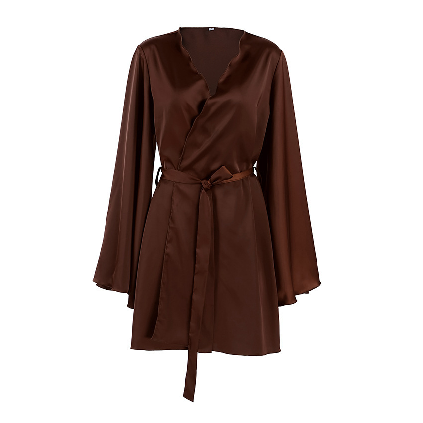 Brown satin robe with long sleeves.