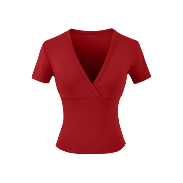 Red V-neck short-sleeve fitted top.