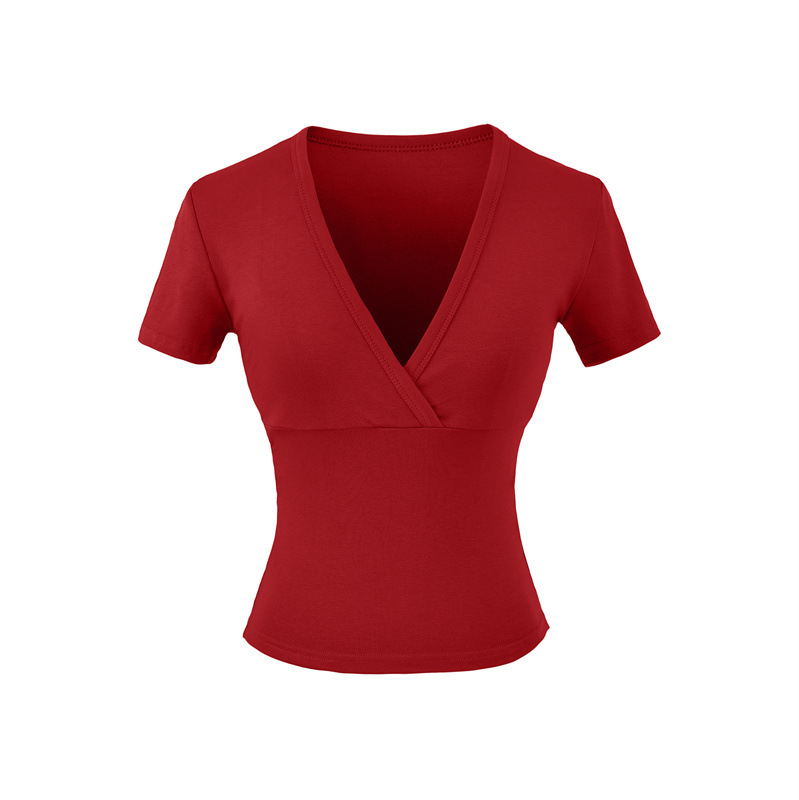 Red short-sleeve V-neck women