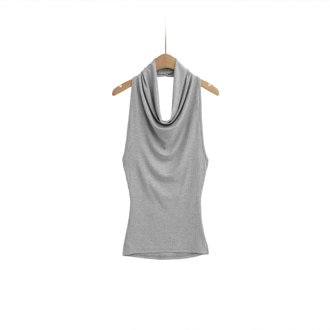 Gray sleeveless top on wooden hanger.