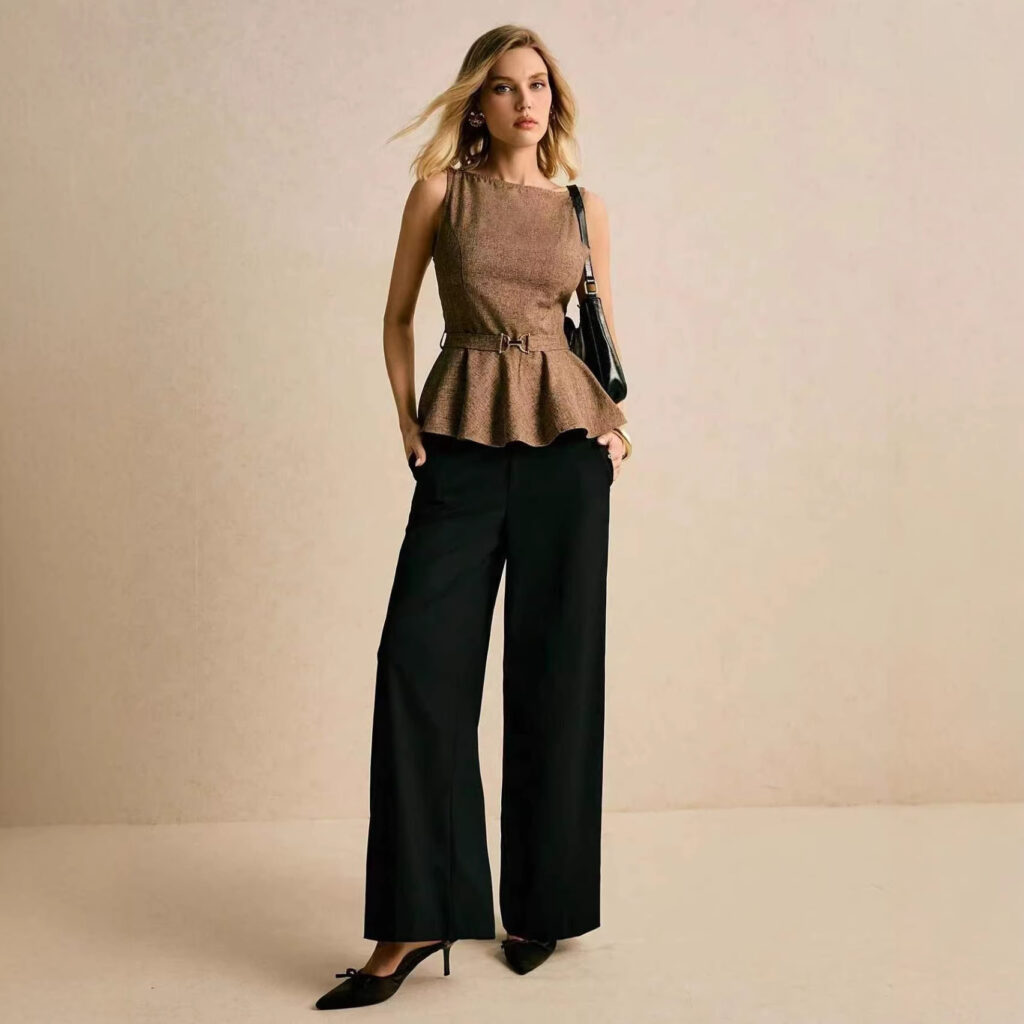 Woman in stylish outfit with wide-leg pants.