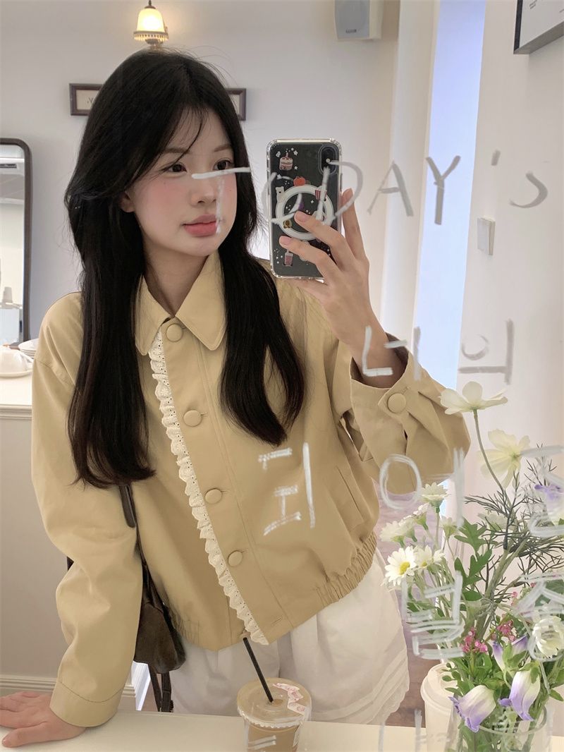 Womens Fashion Patchwork Lace Collar Short Coat - Image 10