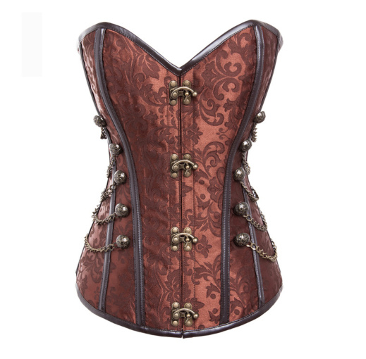Brown ornate corset with chain details.