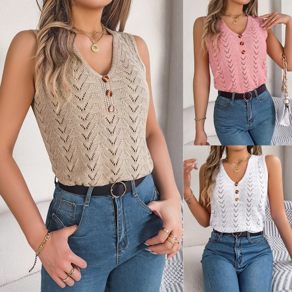 Women modeling knitted sleeveless tops and jeans.
