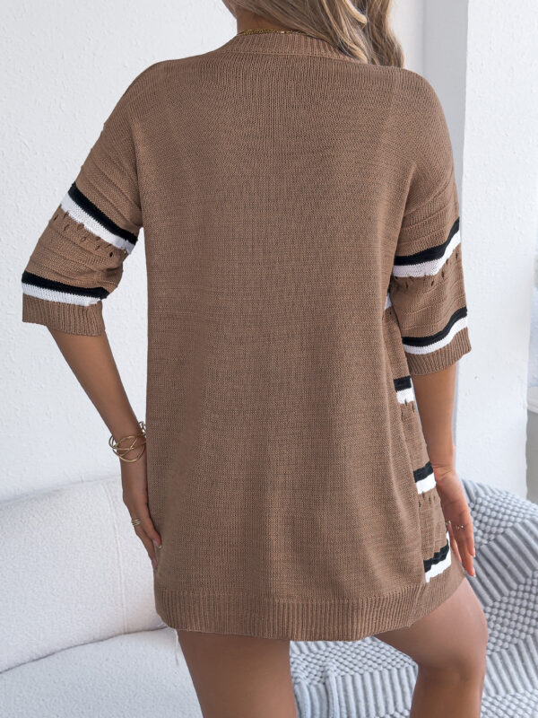 Womens Casual Striped Hollowed-Out Knitted Top With Three-Quarter Sleeves - Image 20