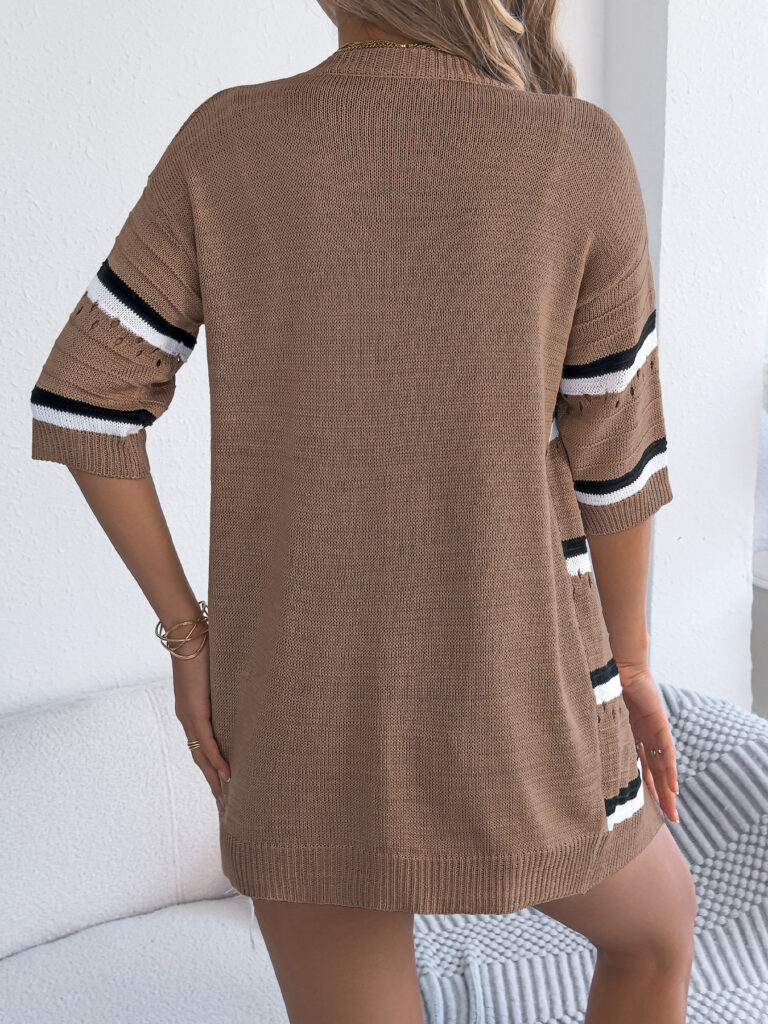 Womens Casual Striped Hollowed-Out Knitted Top With Three-Quarter Sleeves