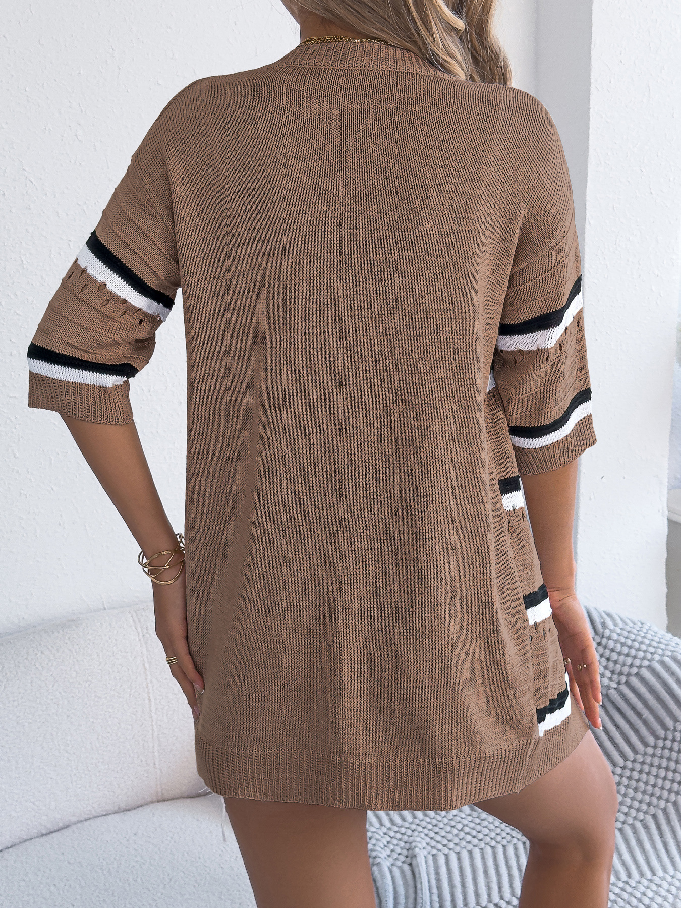 Womens Casual Striped Hollowed-Out Knitted Top With Three-Quarter Sleeves - Image 20