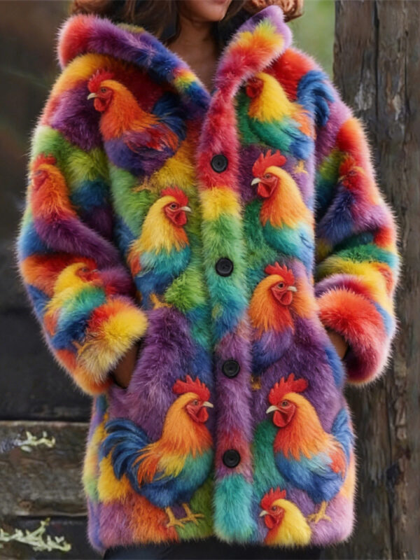 Colorful coat with rainbow rooster design.