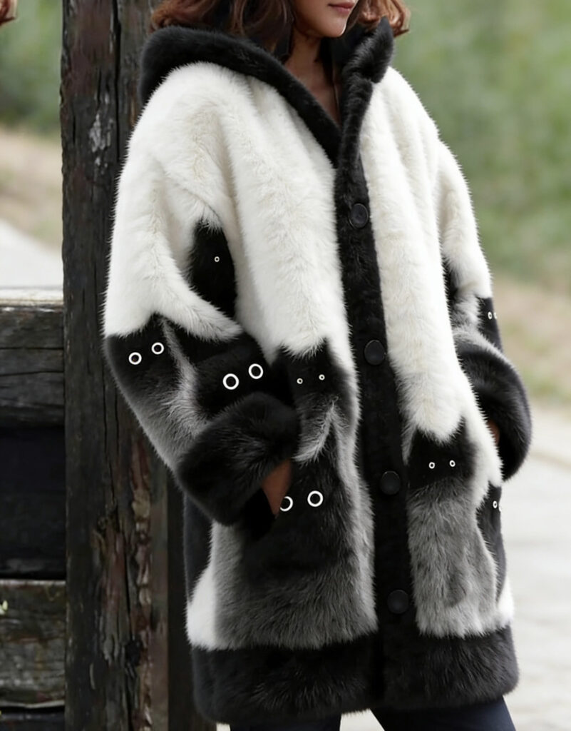 Woman wearing a hooded, patterned fur coat.