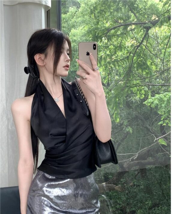 Womens Solid Color Minimalism Backless Satin Sleeveless Top - Image 13