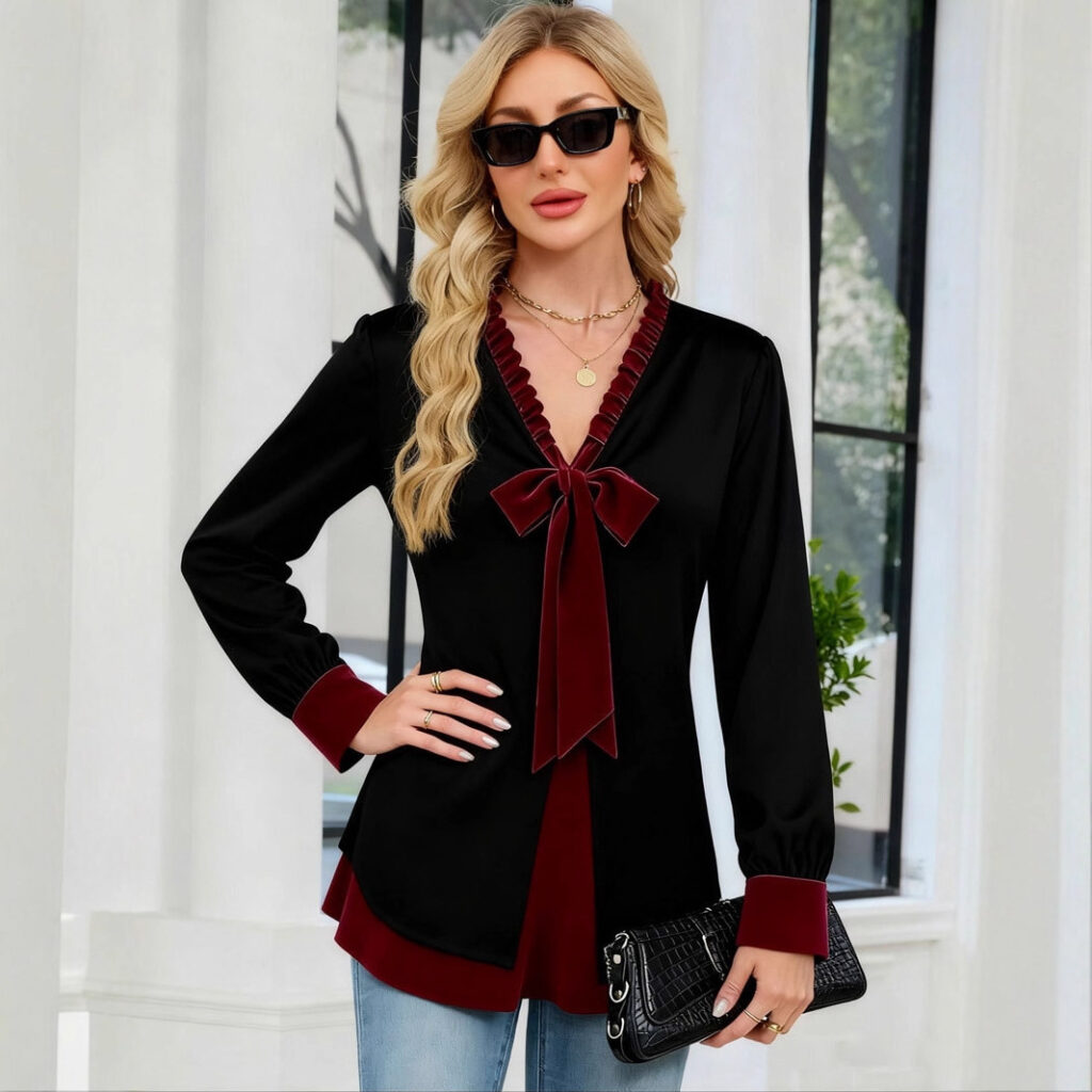 Woman in black and red blouse, sunglasses.
