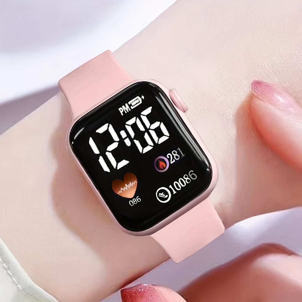 Minimalist And Compact Heart-Shaped Dial Square LED Watch Necklace Earrings Ring Set