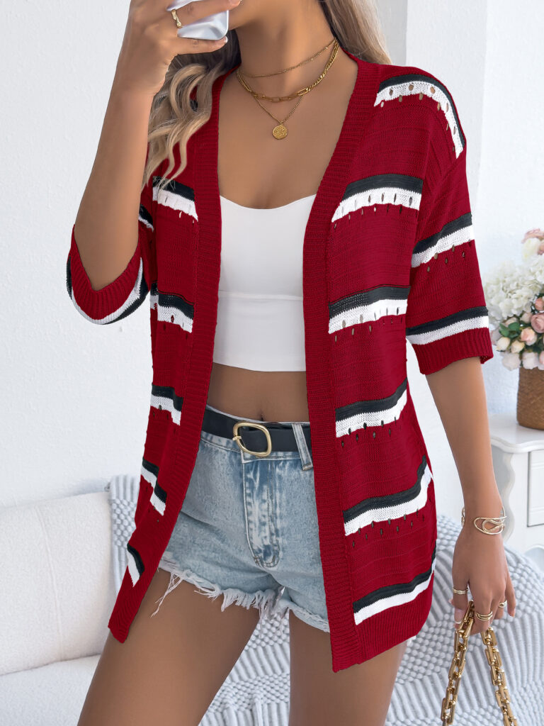 Womens Casual Striped Hollowed-Out Knitted Top With Three-Quarter Sleeves
