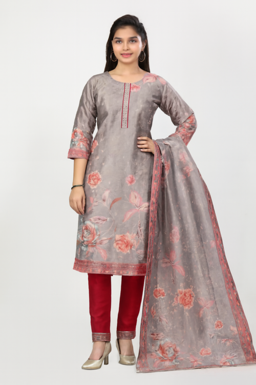 Grey Floral Silk Kurta with Red Pants
