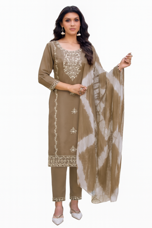 Taupe Embroidered Kurta with Shibori Dupatta Set