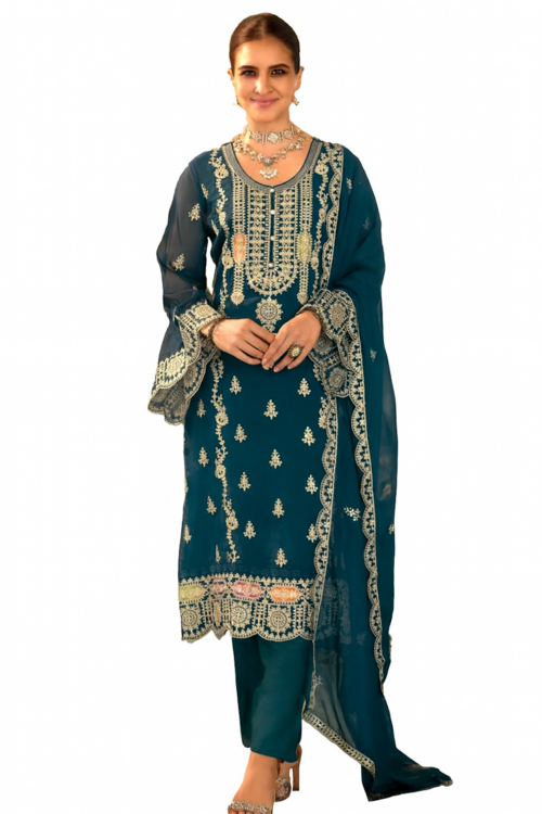Deep Teal Heavily Embroidered Suit Set