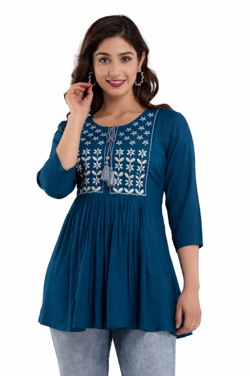 Teal Floral Embroidered Tunic with Tassels