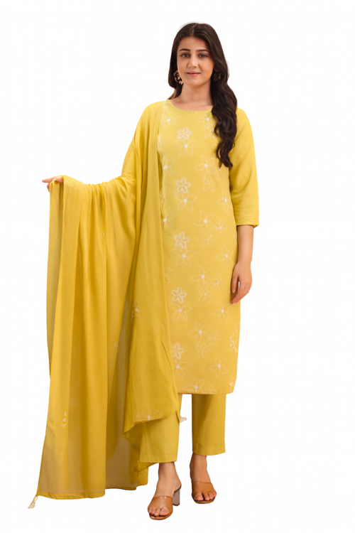 Lime Yellow Floral Embroidered Kurta Set