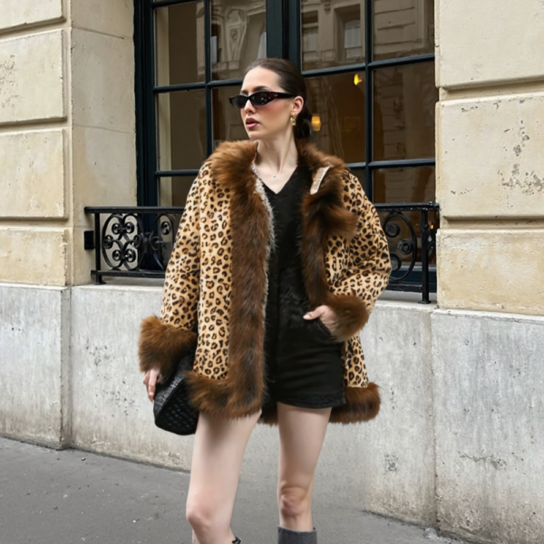Womens Leopard Print Hooded Faux Fur Collar Jacket - Image 5