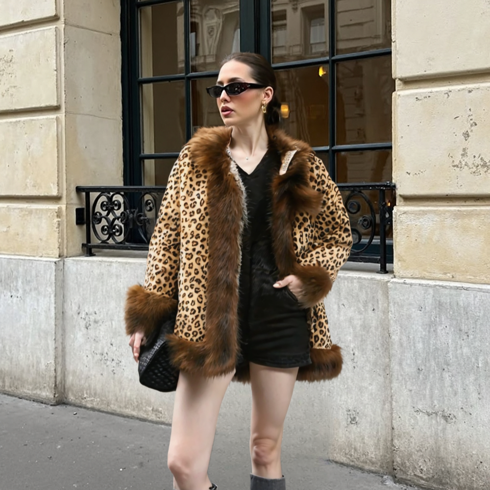 Womens Leopard Print Hooded Faux Fur Collar Jacket - Image 5