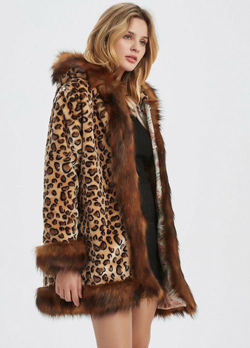 Womens Leopard Print Hooded Faux Fur Collar Jacket - Image 2