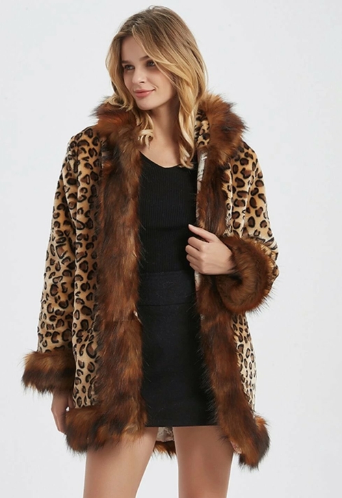 Womens Leopard Print Hooded Faux Fur Collar Jacket - Image 3