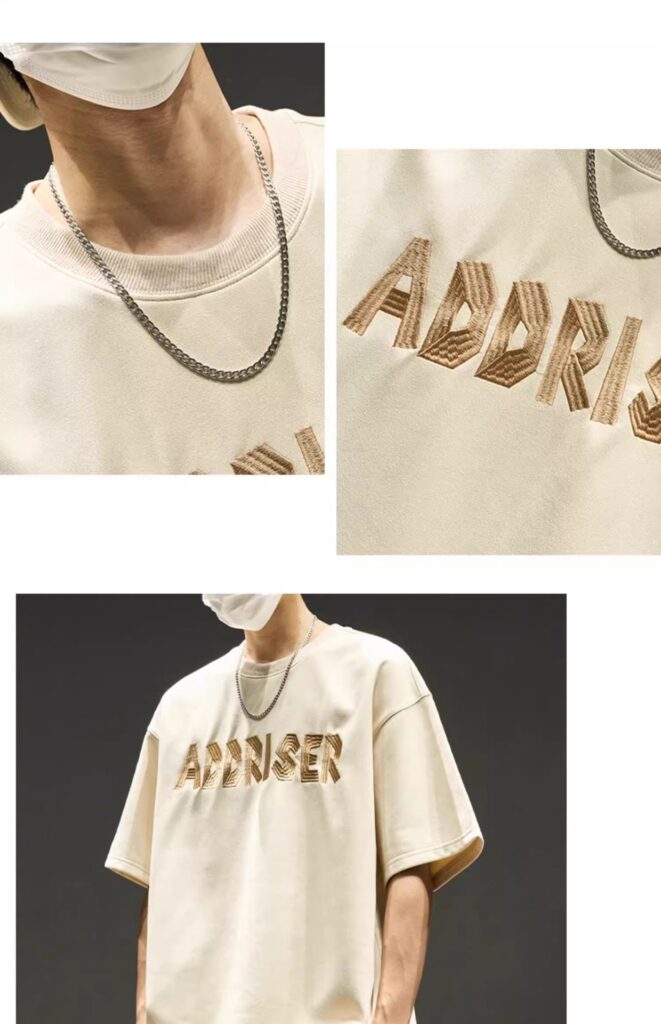 High-Street Embroidered Letter Crewneck Suede-Fleece Short Sleeve