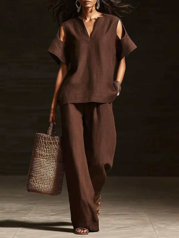 Womens Solid-Colored V-Neck Straight-Leg Pants Short-Sleeve Set With Ripped Details - Image 12