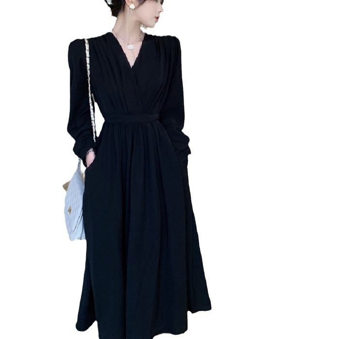 Elegant Long Sleeve V Neck Solid Color Dress - Image 7