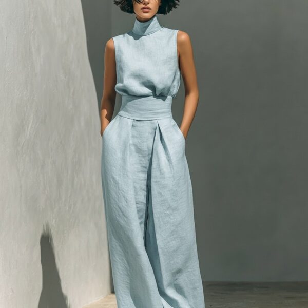Womens Simple Cotton-Linen Blend Sleeveless Top And Wide-Leg Pants - Image 6