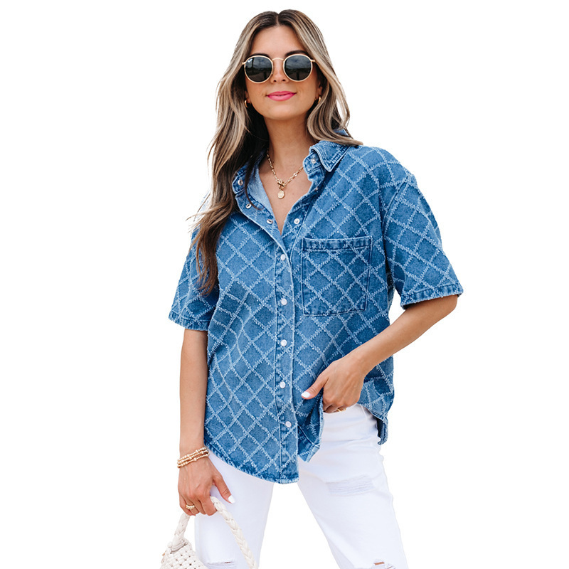 New Plaid Printed Denim Shirt For Women - Image 8