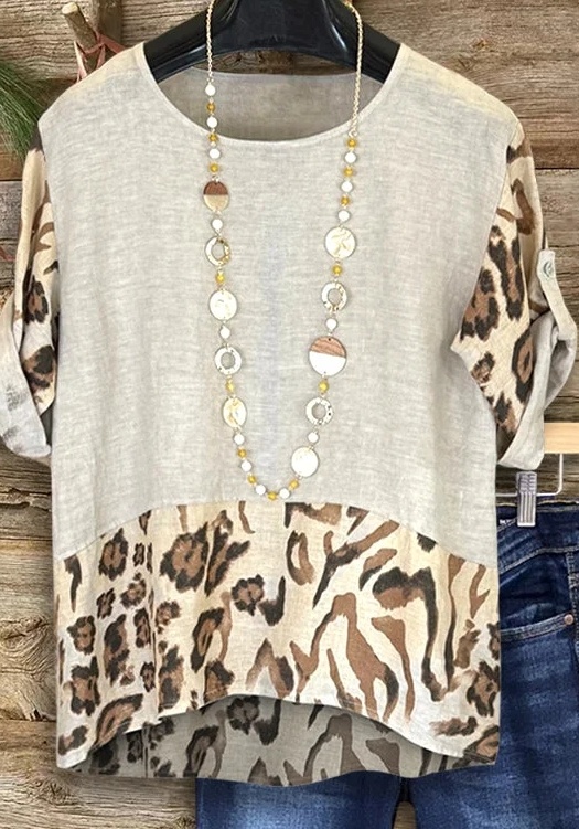 Women's Leopard Print Loose Rolled Sleeve Mid-Length Top - Image 6