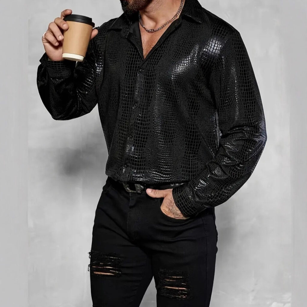 Men's Casual Crocodile-Print Long-Sleeve Shirt