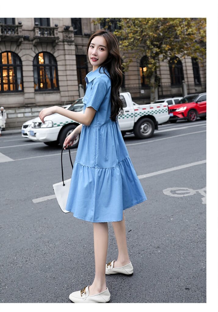 Single-breasted Pocketed Short-sleeve Denim Dress
