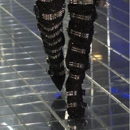 Hot-stone-embellished Skull-toe Studded Pointed-toe Over-the-knee Boots - Image 7