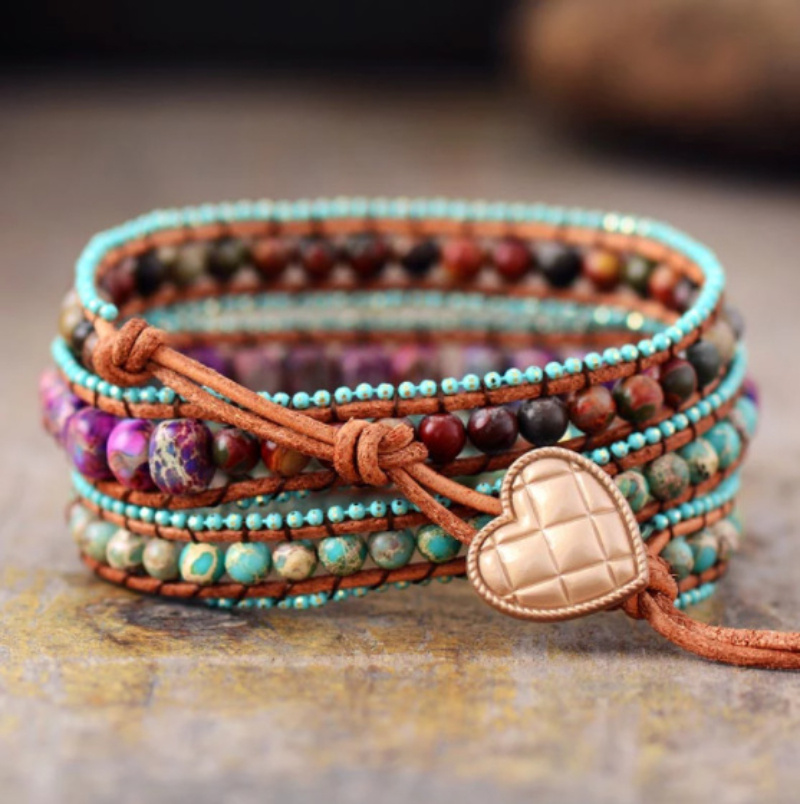 Vintage Leather Bag Bracelet With Mixed Jadeite Multi-layer Bracelet - Image 3